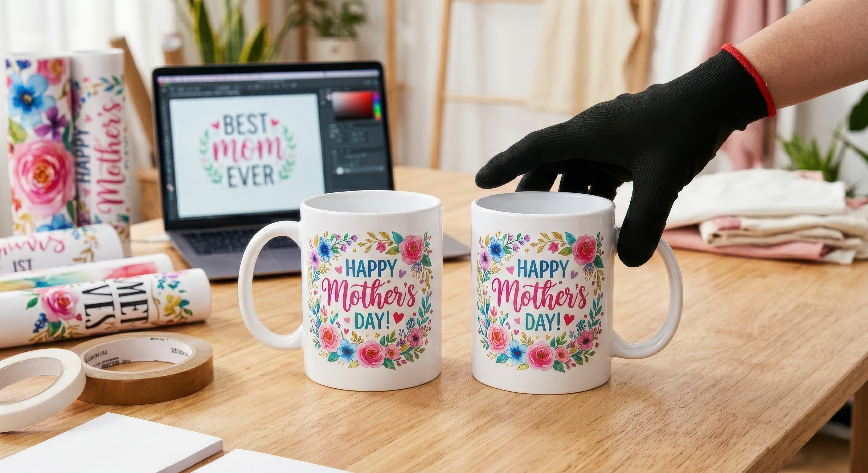 Sublimation printed mugs with vibrant floral designs